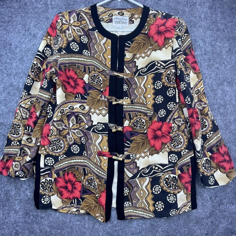 Vintage Rickie Freeman Teri Jon Blazer Womens 12 Black Red Silk Maximalist Luxe